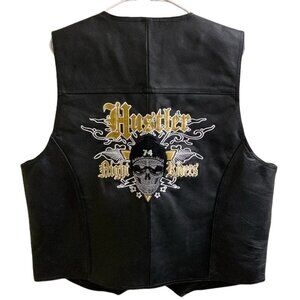 Hustler Black Leather Moto Vest –‎ Men’s 2XL Snap Button Biker Vest